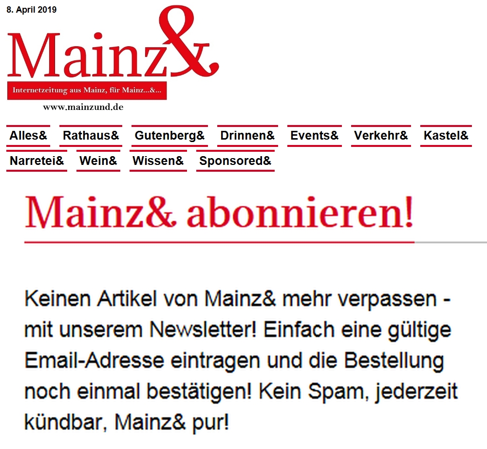 Mainz& In eigener Sache: Newsletter von Mainz& offenbar ausgefallen - bitte neu anmelden! In eigener Sache: Newsletter von Mainz& offenbar ausgefallen - bitte neu anmelden!