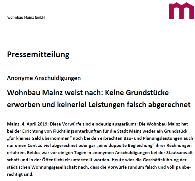 Mainz& Anonymer Brief: Mainzer Wohnbau verweigert Mainz& gleichen Einblick in Unterlagen wie Zeitung - Verstoß gegen Presserecht Anonymer Brief: Mainzer Wohnbau verweigert Mainz& gleichen Einblick in Unterlagen wie Zeitung - Verstoß gegen Presserecht