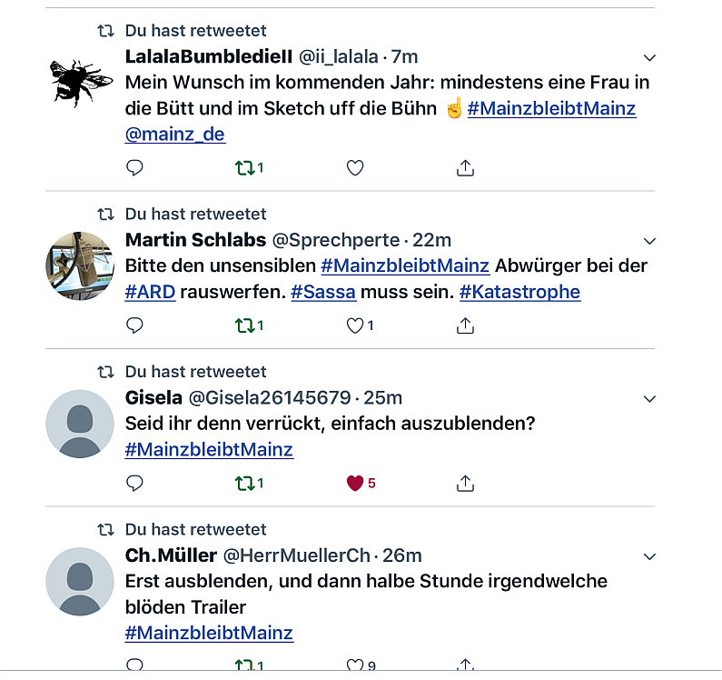Mainz& 5,81 Millionen Zuschauer bei "Mainz bleibt Mainz" - Fernsehsitzung mit Tagessieg, aber Quotentief - Unmut bei Narren 5,81 Millionen Zuschauer bei "Mainz bleibt Mainz" - Fernsehsitzung mit Tagessieg, aber Quotentief - Unmut bei Narren