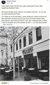 Mainz& Restaurant Hintz & Kuntz in Mainz am Marktplatz schließt zum 1. Juli - Ursache wohl auch Coronakrise Restaurant Hintz & Kuntz in Mainz am Marktplatz schließt zum 1. Juli - Ursache wohl auch Coronakrise